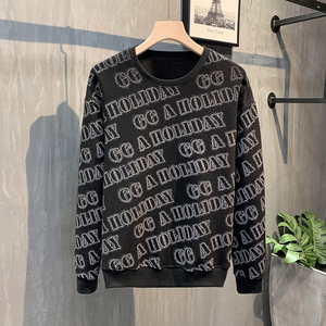 黑色挂拍2023秋装修身印花圆领卫衣男潮W6001-P55控价78