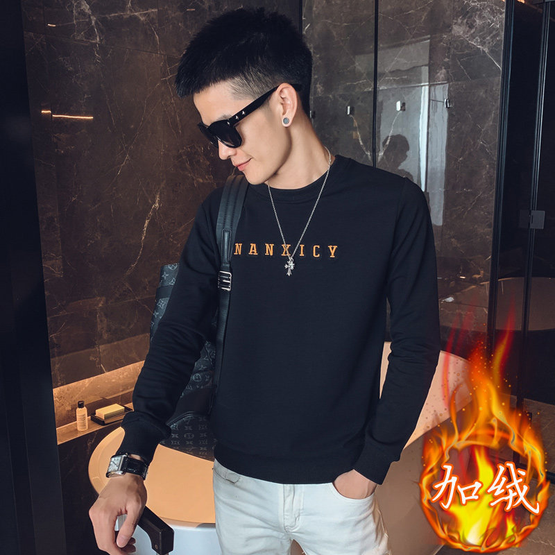 黑色2023冬装修身印花圆领加绒卫衣男潮W042加绒-P58控价78，男装卫衣，电商A108