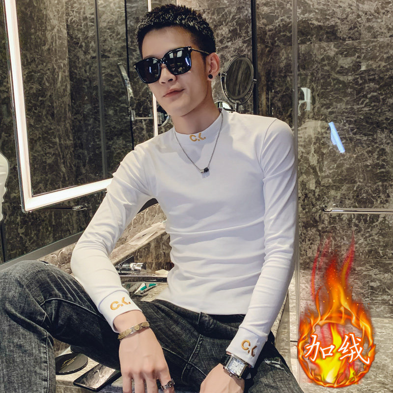绿色2021精神小伙修身男式绣花圆领长袖T恤T033加绒-P50控68,男装T恤,电商A108