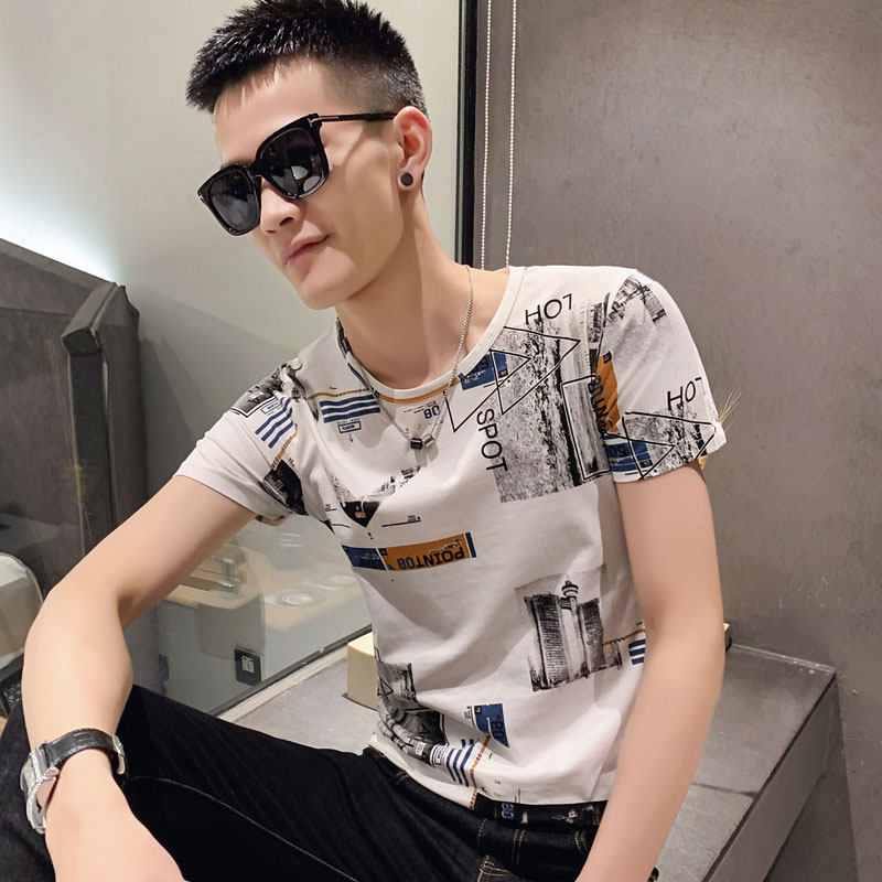 白色 2020精神小伙修身男士印花短袖T恤社会tee T234-P38控58图片