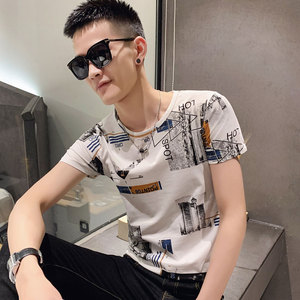 白色 2020精神小伙修身男士印花短袖T恤社会tee T234-P38控58图片