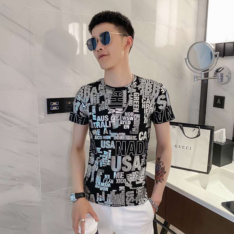 黑色2021精神小伙修身男式印花短袖T恤社会teeT055-P38控59，男装T恤，电商A108