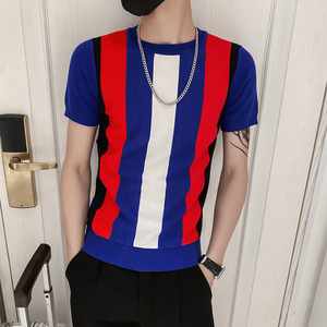蓝色2021精神小伙修身男式针织短袖T恤社会tee T220-P48控68图片