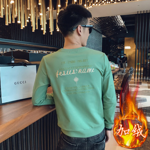 绿色 2023秋装修身绣花圆领加绒卫衣男潮W043加绒-P58控价78图片