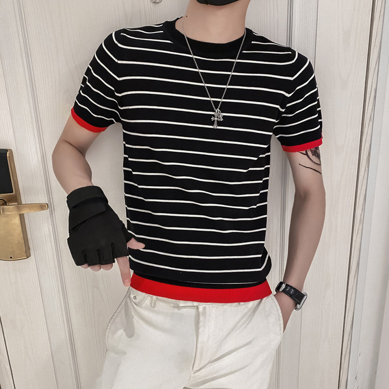 黑色2021精神小伙修身男式针织短袖T恤 社会tee T157-P50控68图片