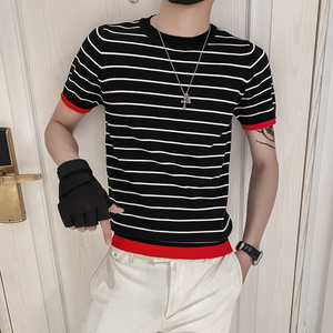黑色2021精神小伙修身男式针织短袖T恤 社会tee T157-P50控68图片