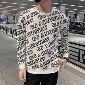 白色2023秋装社会小伙修身印花圆领卫衣男潮W6001-P55 控价78图片