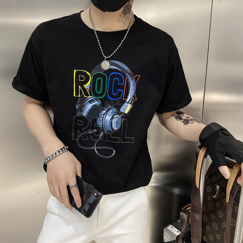 黑色2021店主风精神小伙修身男式印花短袖T恤社会tT052-P45控69，男装T恤，电商A108