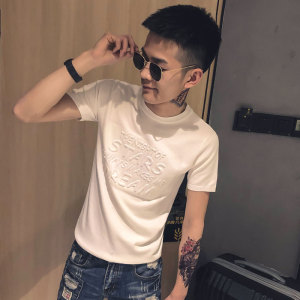 白色 2020精神小伙修身男式针织短袖T恤社会tee T158-P58控78图片