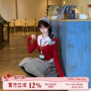 显瘦长袖 复古甜心风假两件红色上衣女秋修身 T恤 胭脂海棠 织物猪