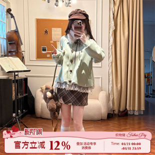 外套女冬季 甜美少女浅绿色短款 麂皮夹棉夹克上衣 薄荷熊崽 织物猪