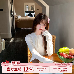 女早春显瘦长袖 甜美少女白色内搭打底衫 针织上衣 巴黎甜心 织物猪