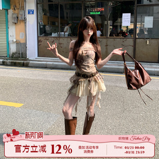 废土辣妹风棕色一字肩飘带上衣女蓬蓬短裙套装 织物猪 复古原野