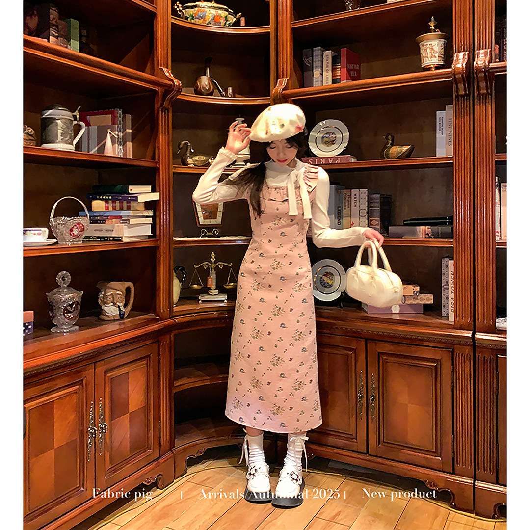 织物猪 樱桃泡芙 法式千金粉色碎花连衣裙女秋冬生日裙假两件长裙