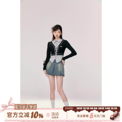 织物猪 时光唱片 早秋撞色假两件上衣女+牛仔半裙两件套百搭套装