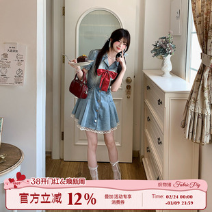 织物猪 甜莓假日 甜美少女风牛仔衬衫连衣裙女夏收腰蝴蝶结短裙子