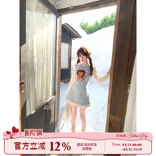 连衣裙女小个子秋冬减龄miu系短裙子 千金感长袖 织物猪 千岛森会