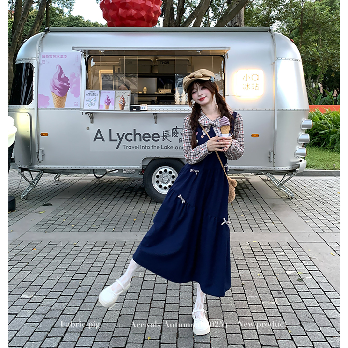 织物猪 风旅铃兰 日系风藏青色长袖连衣裙女早春格纹假两件长裙子