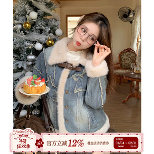 织物猪 摩登少女 复古毛毛拼接牛仔外套女秋冬加绒保暖冬装上衣