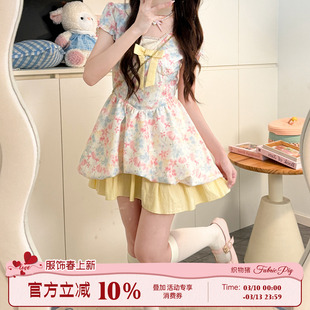 织物猪 花涧甜梦 甜美风撞色拼接碎花连衣裙女夏收腰花苞短裙子