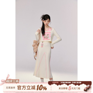 織物豬 小貓印花長袖 T恤女半身裙套裝 解構(gòu)設(shè)計兩件套 蜜糖心跳