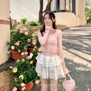 织物猪 T恤 蜜桃香草冰 甜欲风粉色针织上衣女早春蕾丝设计感长袖