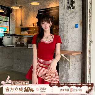 女夏季 甜酷风红色假两件上衣套装 格子显瘦短裙子 叛逆软糖 织物猪