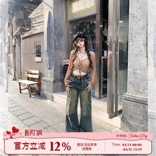 女深蓝色阔腿牛仔长裤 织物猪 吊带套装 甜酷风罩衫 三件套 蝴蝶梦境