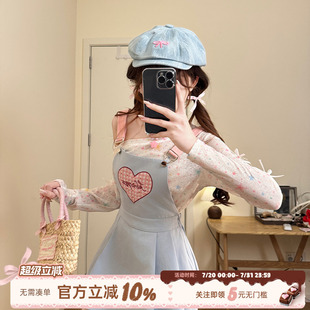 织物猪 小个子女收腰短裙 海盐汽水 甜美风蓝色爱心背带连衣裙夏季