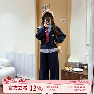 织物猪 海蓝甜梦 学院风假两件连帽卫衣女秋冬拼接格子上衣外套