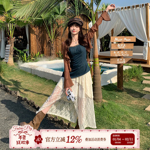 织物猪 旷野森林 废土度假风蕾丝半身裙女夏季不规则小个子中长裙