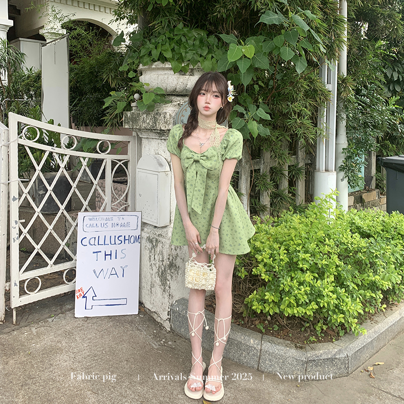 织物猪 莫奈花园 森林系绿色泡泡袖连衣裙女夏日度假浪漫碎花短裙