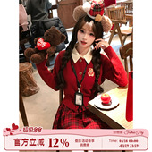 上衣 学院风红色假两件毛衣女秋冬过年穿搭针织衫 织物猪 樱桃小熊