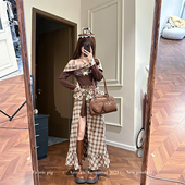 美拉德格纹半身裙 琥珀流光风一字肩连衣裙女秋季 织物猪 半糖摩卡