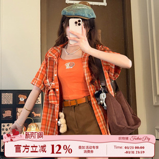衬衫 格纹短袖 套装 女夏日穿搭背心 三件套 织物猪 短裤 橘日棕岛