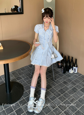 织物猪 蝴蝶蓝调 小清新蓝色条纹连衣裙女夏衬衫甜美收腰小短裙