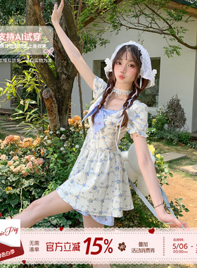 织物猪 甜草奶酪 田园度假风蓝色短袖碎花裙女格纹拼接夏日连衣裙