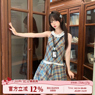 织物猪 高校法则 学院风复古格纹无袖连衣裙女夏季背心花苞短裙子