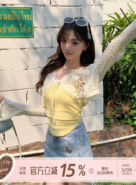织物猪 夏末蝴蝶 甜欲风蓝色显瘦牛仔短裙套装夏季女上衣镂空开衫