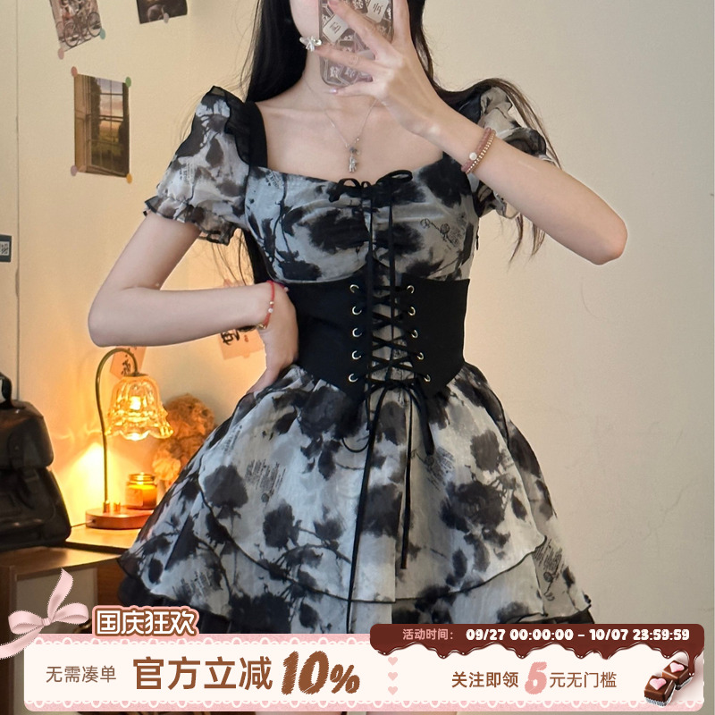 织物猪原创 墨染玫瑰 水墨晕染连衣裙女收腰请冷感气质短裙夏季