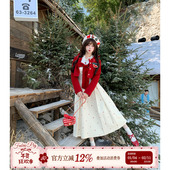 甜美风拼接小飞袖 织物猪 樱桃慕斯挞 连衣裙女秋冬刺绣蝴蝶结长裙