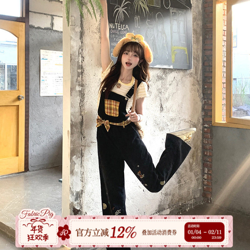 织物猪 黄油拿铁 甜酷风黑色刺绣牛仔背带裤女原创直筒减龄长裤子,女装/女士精品,连体衣/裤,淘宝优惠券,粉丝福利购,淘宝优惠卷