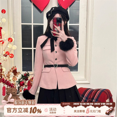 桃桃乌龙 织物猪原创 黑粉色系气质千金显瘦春节过新年战袍JK套装