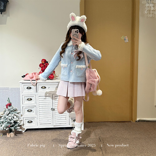 织物猪 草莓奶冻 甜美风蓝色麂皮绒翻领外套女冬季加绒宽松棉服