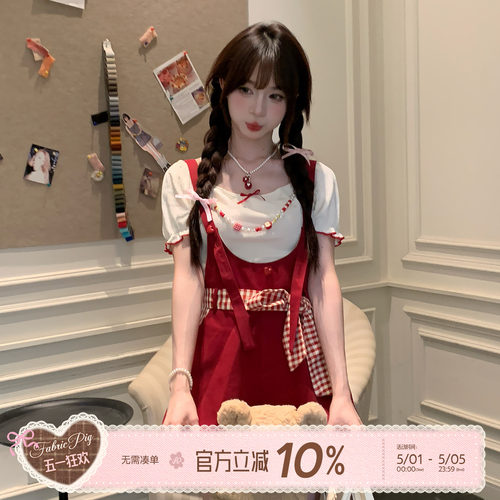 甜美少女风红色连体裤背带裤