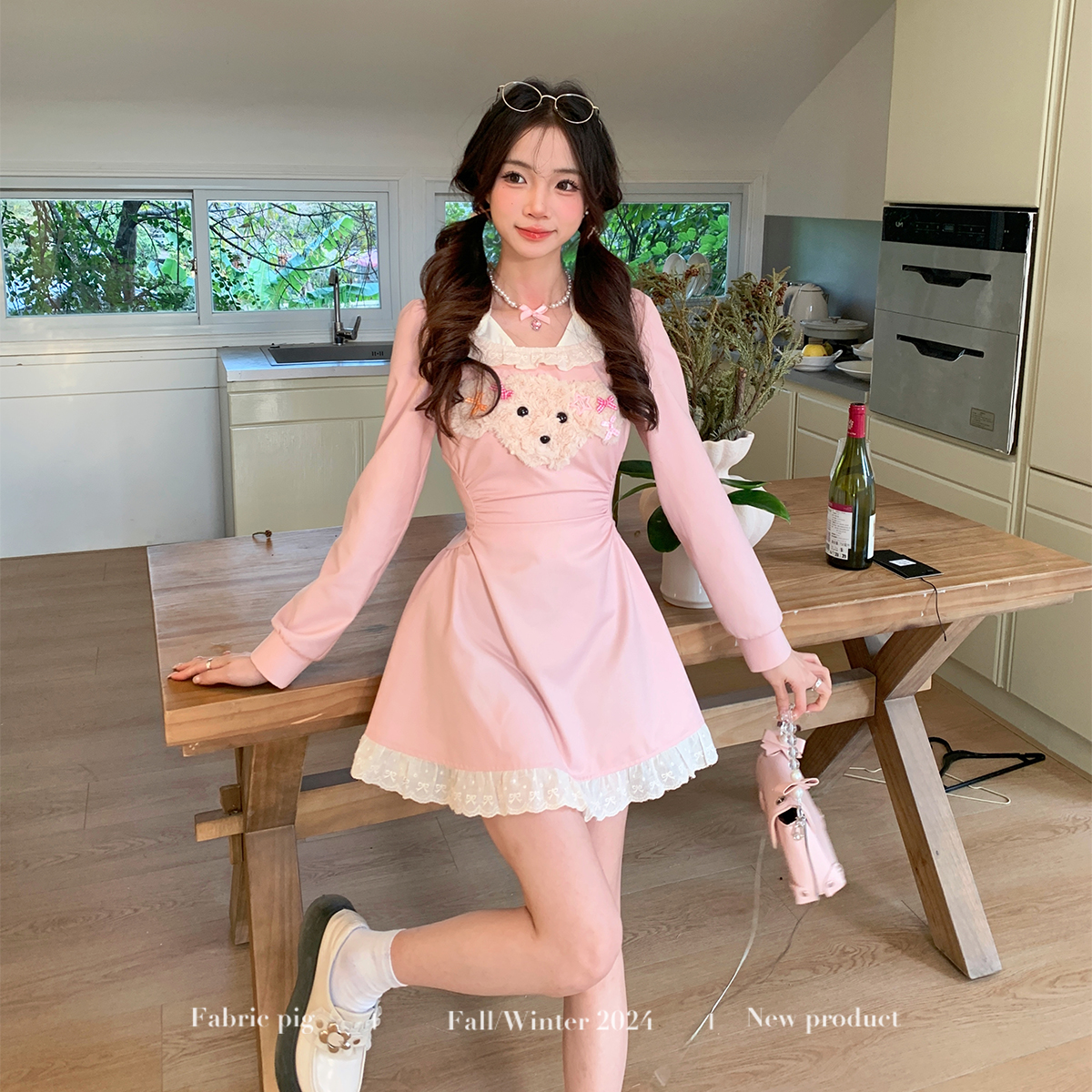 织物猪 奶油草莓 甜美风粉色连衣裙女初秋公主裙可爱收腰显瘦短裙