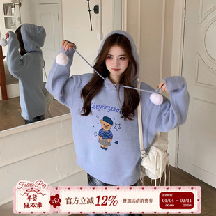织物猪  小熊乐园 雾霾蓝连帽毛衣女宽松慵懒风学院感针织衫上衣