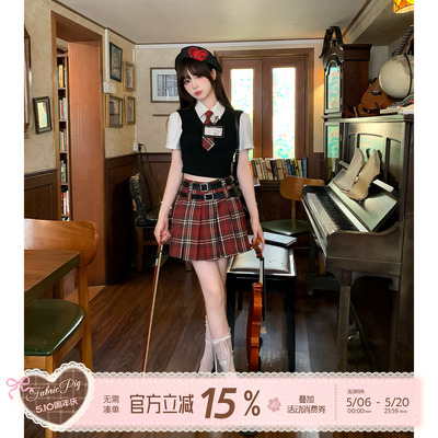 复古学院风假两件短袖衬衫套装女