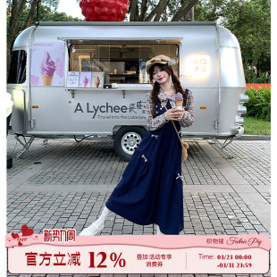 连衣裙女早春格纹假两件长裙子 日系风藏青色长袖 织物猪 风旅铃兰