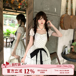 蛋糕短裙 miu系千金风白色波点连衣裙女夏泡泡袖 织物猪 波点派对